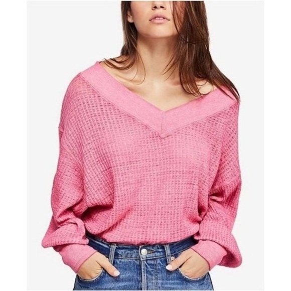 Free People South Side Hot Pink Thermal V Neck - Picture 2 of 8